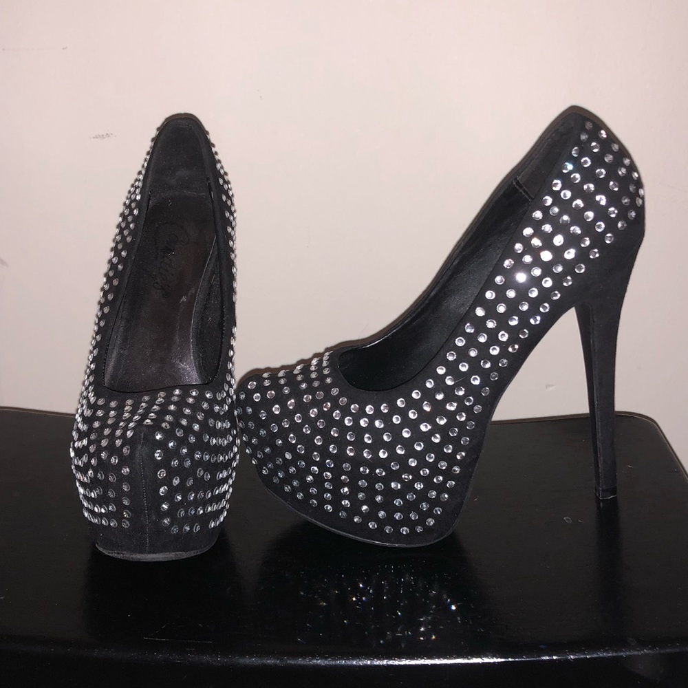 Candies Black Suede Rhinestone Pump Platform Heels